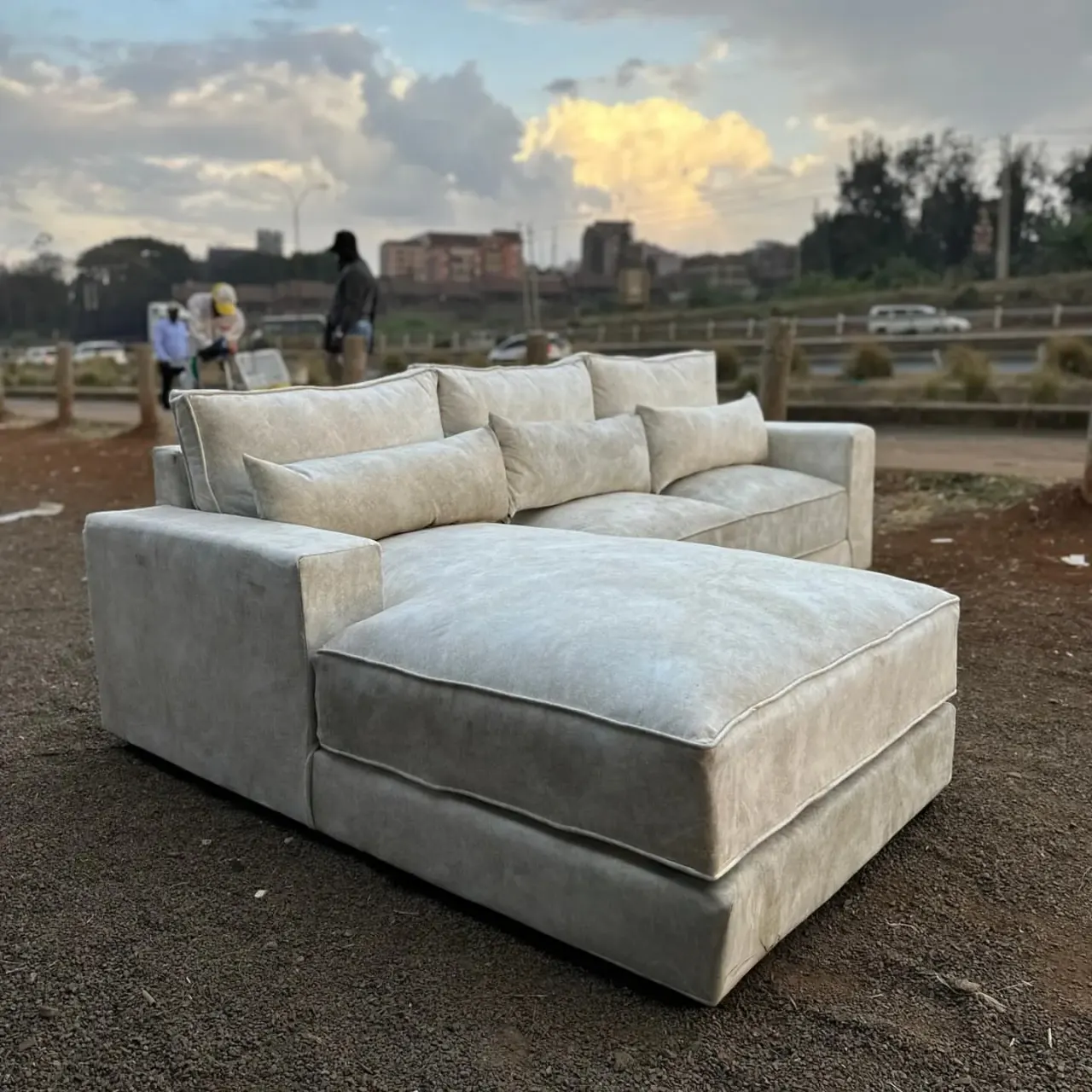 Modern 6 Seater Beige L-Shaped Sofa with Puff