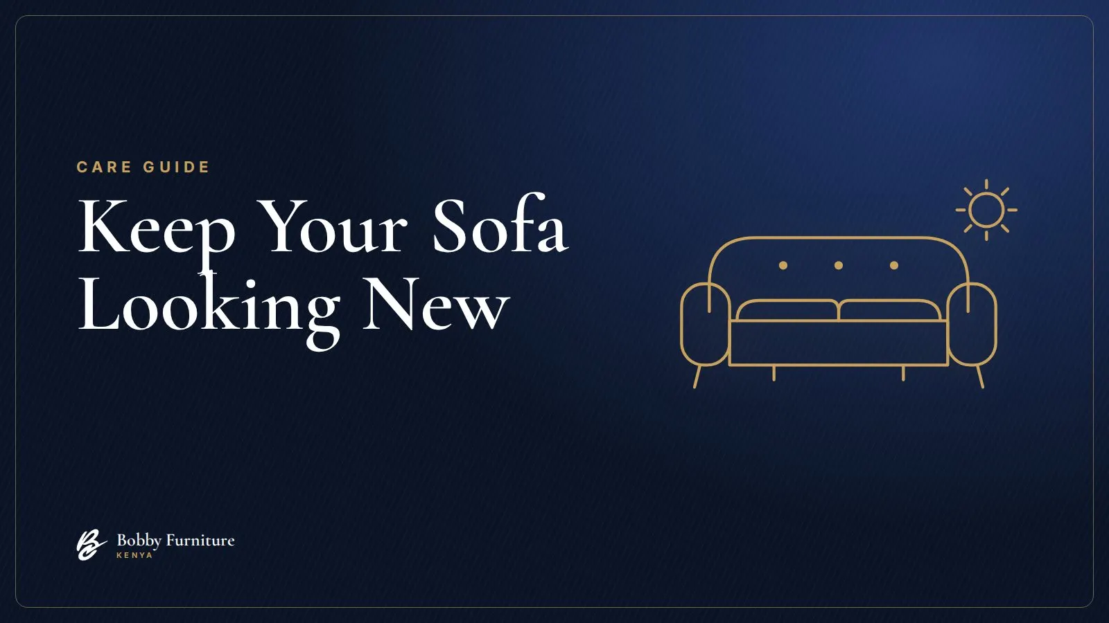 Line drawing of a sofa with a sun symbol on a navy background