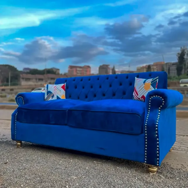 Blue Velvet Classic 3-Seater Chesterfield Sofa with Gold Legs