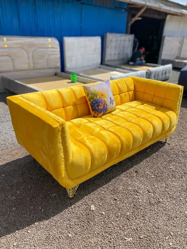 Mastard Yellow Channel-Tufted 3-Seater Sofa with Gold Legs