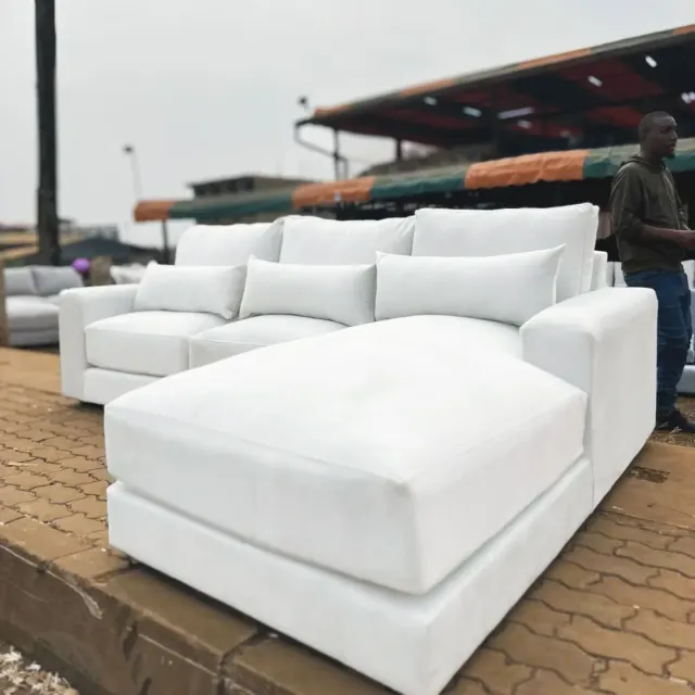 Modern White L-Shaped Sofa with Puff