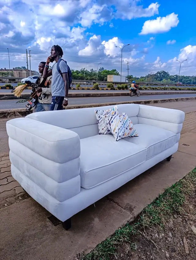 Off-White Fluted 3-Seater Sofa With Parmanent Backrest